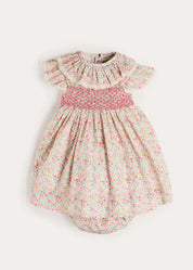Adelaide Floral Hand Smocked Ruffle Collar Cap Sleeve Dress With Bloomers in Pink (12mths-6yrs) Dresses from Pepa London US