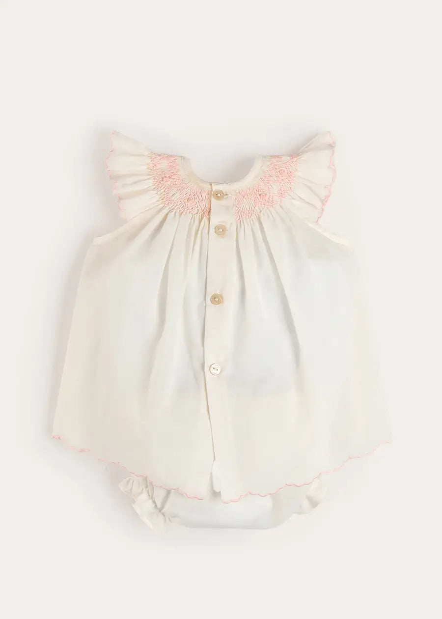 Linen Blend Hand Smocked Cap Sleeve Dress With Bloomers in White (1-6mths) Dresses from Pepa London US