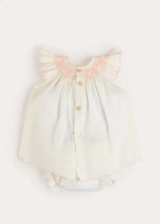 Linen Blend Hand Smocked Cap Sleeve Dress With Bloomers in White (1-6mths) Dresses from Pepa London US