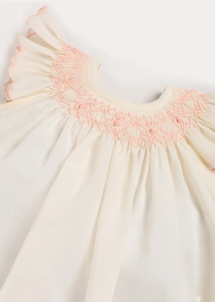 Linen Blend Hand Smocked Cap Sleeve Dress With Bloomers in White (1-6mths) Dresses from Pepa London US