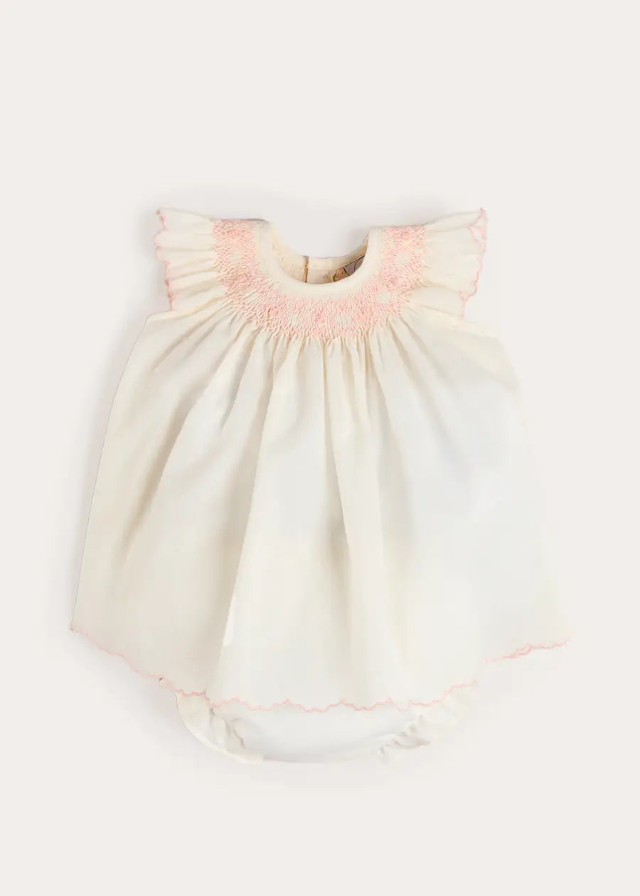 Linen Blend Hand Smocked Cap Sleeve Dress With Bloomers in White (1-6mths) Dresses from Pepa London US