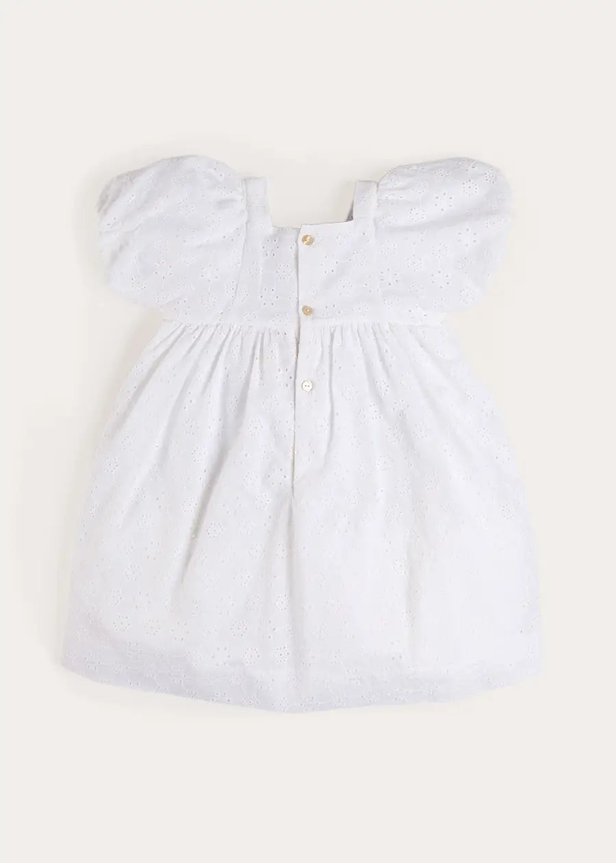 Flower Embroidered Broderie Anglaise Short Sleeve Dress in White (12mths-12yrs) DRESSES from Pepa London US