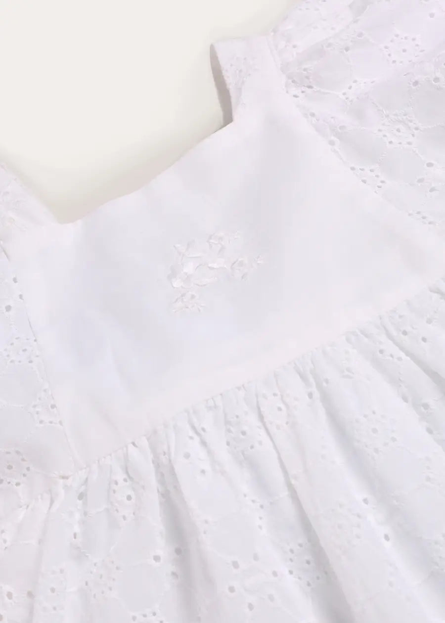 Flower Embroidered Broderie Anglaise Short Sleeve Dress in White (12mths-12yrs) DRESSES from Pepa London US