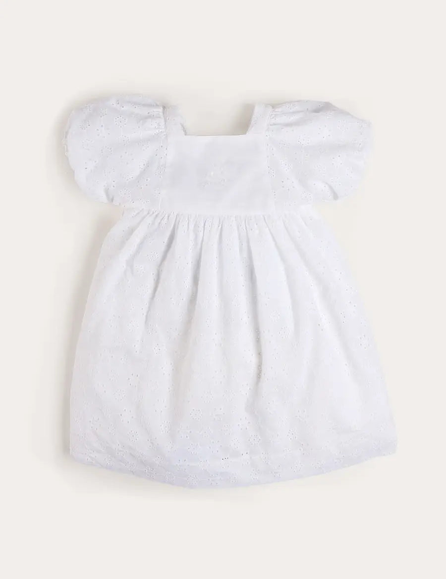 Flower Embroidered Broderie Anglaise Short Sleeve Dress in White (12mths-12yrs) DRESSES from Pepa London US