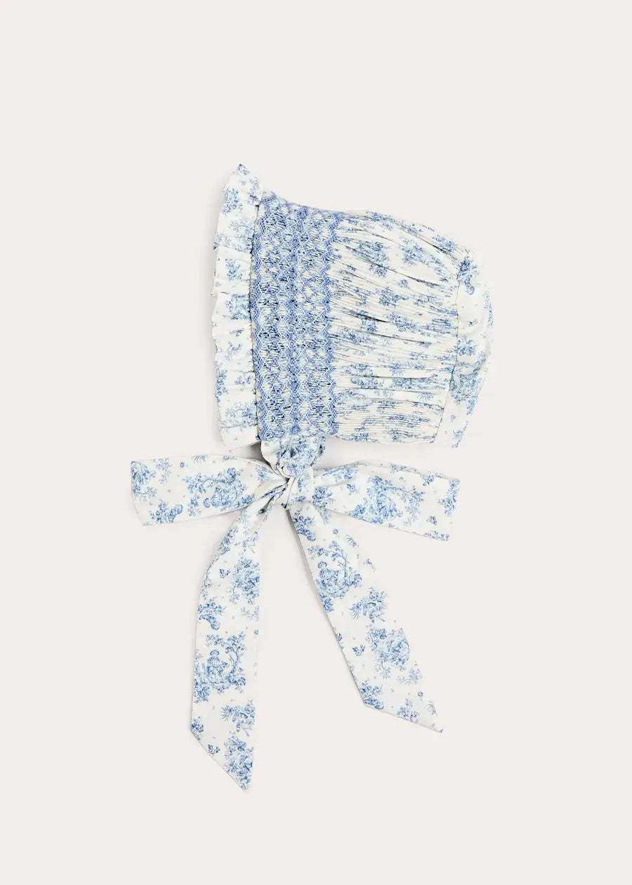 Audrey Toile Hand Smocked Bonnet in Blue (XS-L) BONNETS from Pepa London US