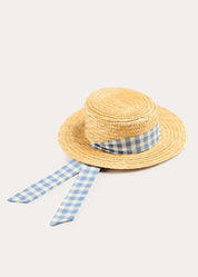 Victoria Gingham Straw Boater Hat in Blue (M-L) Accessories from Pepa London US