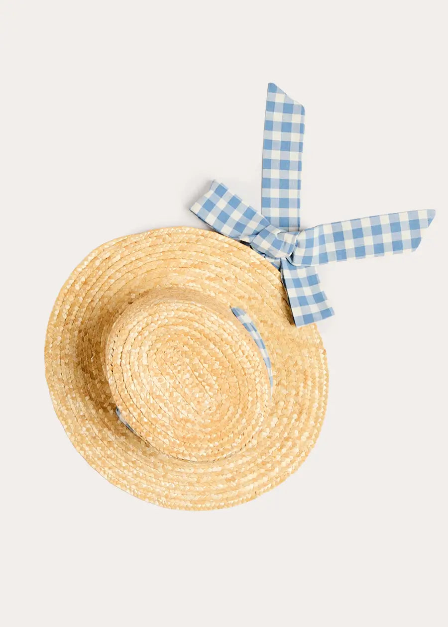 Victoria Gingham Straw Boater Hat in Blue (M-L) Accessories from Pepa London US