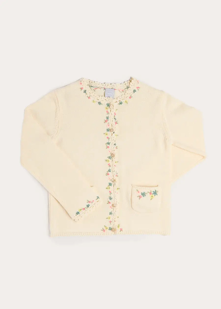 Wildflower Embroidered Openwork Detail Cotton Cardigan in Cream (18mths- 10yrs) Knitwear from Pepa London US