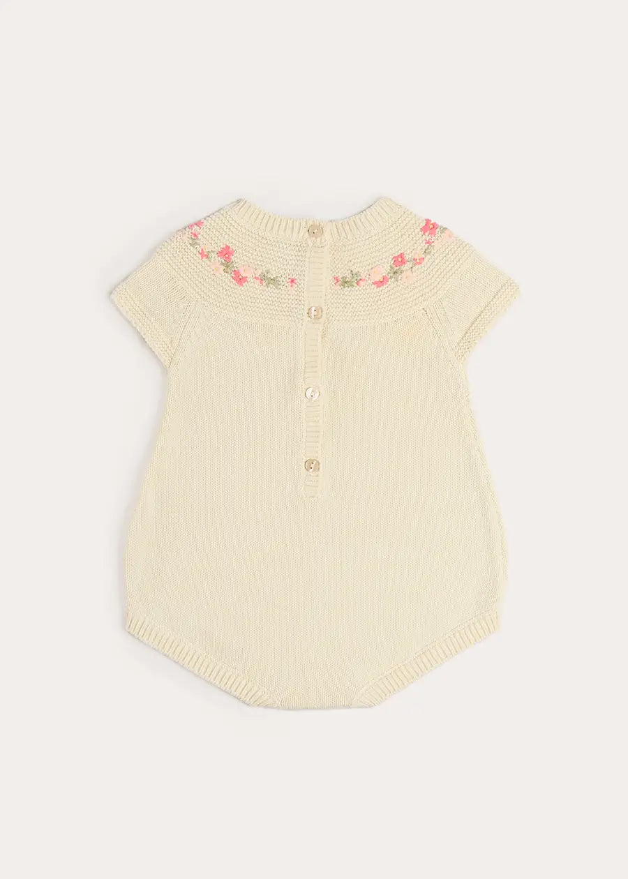 Wildflower Embroidered Knitted Romper in Cream (1-9mths) Rompers from Pepa London US