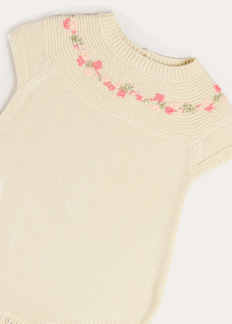 Wildflower Embroidered Knitted Romper in Cream (1-9mths) Rompers from Pepa London US