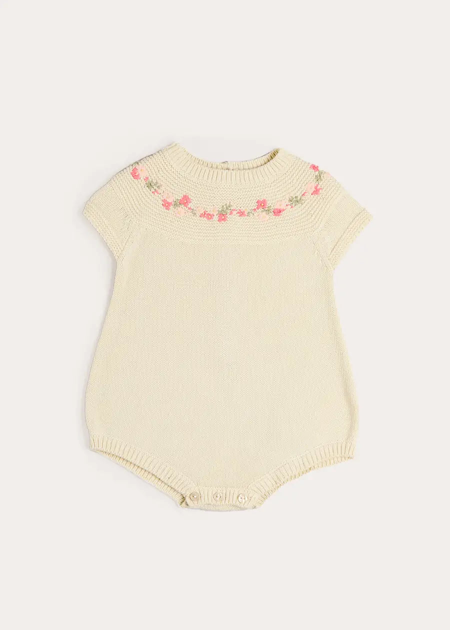 Wildflower Embroidered Knitted Romper in Cream (1-9mths) Rompers from Pepa London US