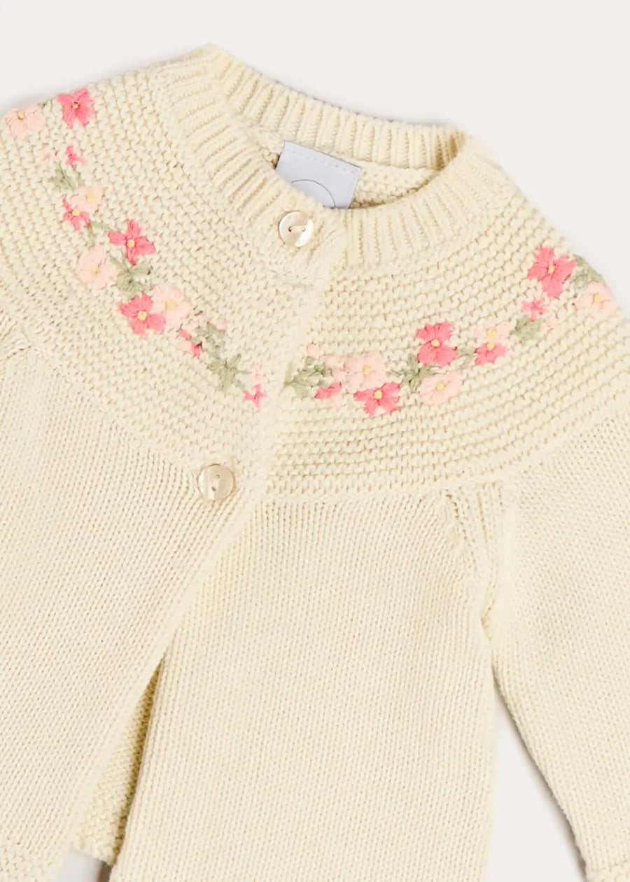 Wildflower Embroidered Two Button Cotton Cardigan in Cream (1-9mths) Knitwear from Pepa London