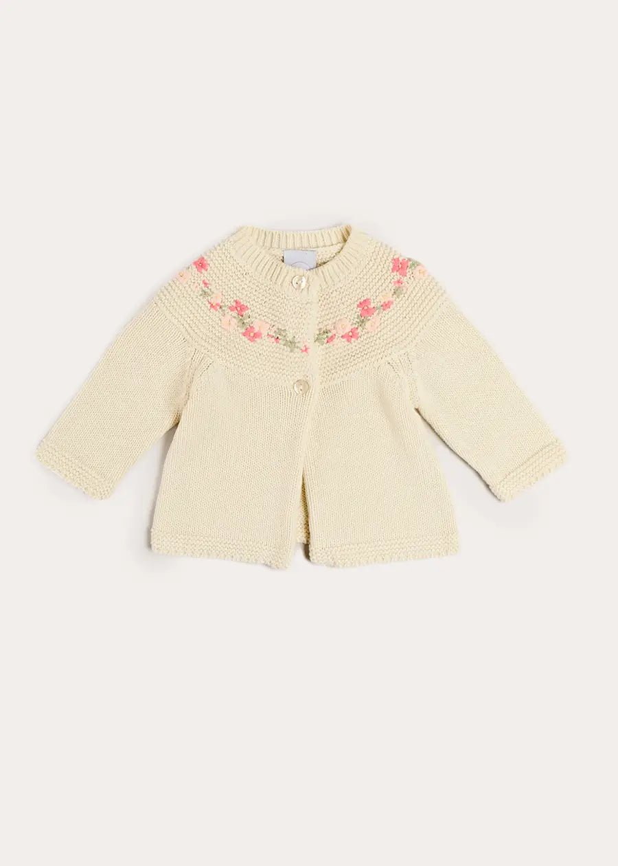 Wildflower Embroidered Two Button Cotton Cardigan in Cream (1-9mths) Knitwear from Pepa London