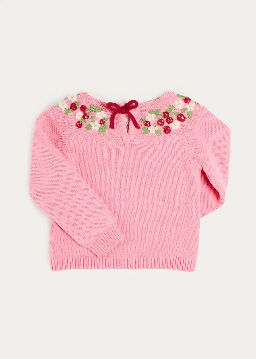 Strawberry Embroidered Jumper in Pink (12mths-6yrs) Knitwear from Pepa London US