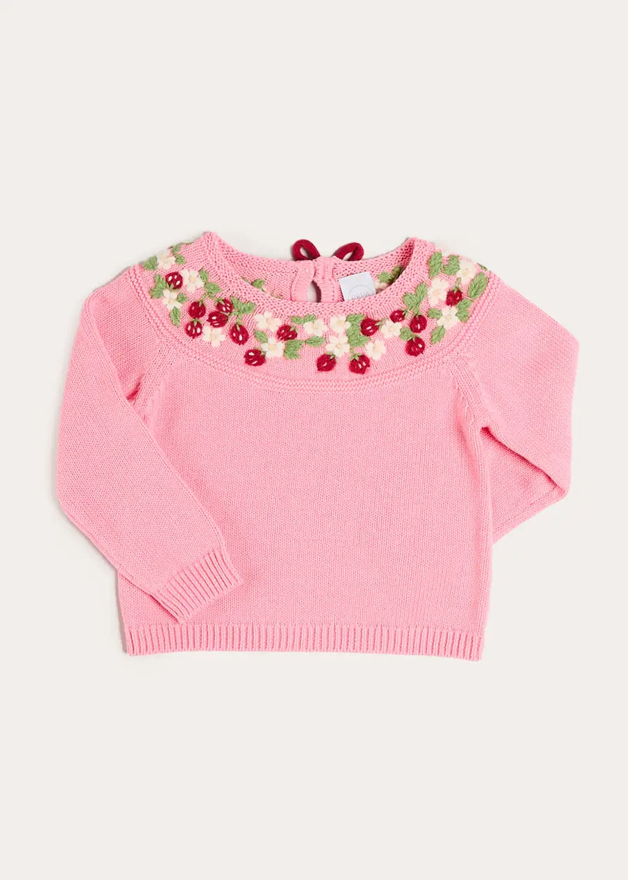 Strawberry Embroidered Jumper in Pink (12mths-6yrs) Knitwear from Pepa London US