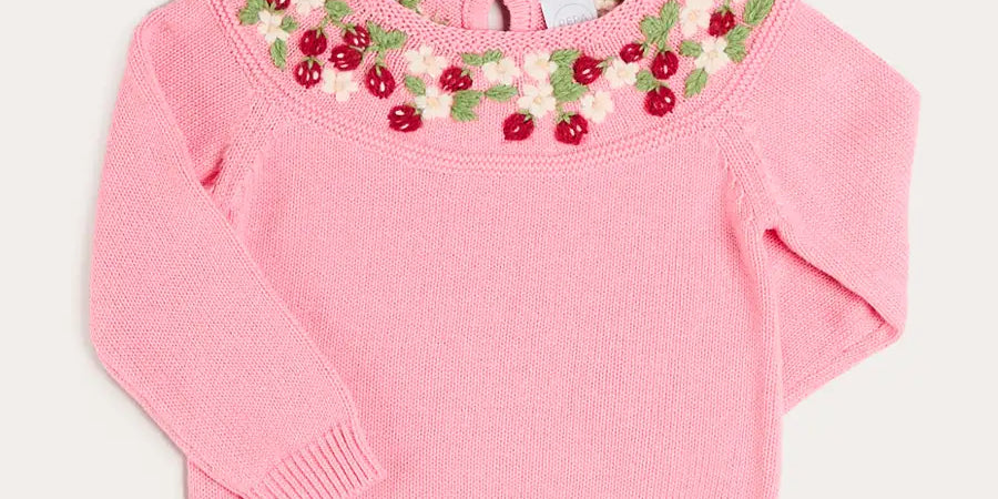 Strawberry Embroidered Jumper in Pink (12mths-6yrs) Knitwear from Pepa London