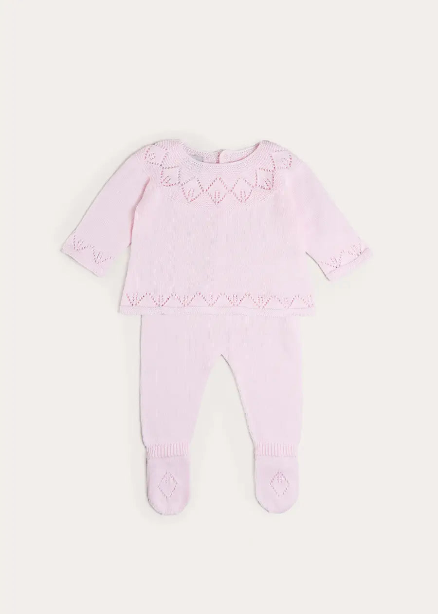 Diamond Openwork Three Piece Knitted Set in Baby Pink (1-9mths) Knitwear from Pepa London US
