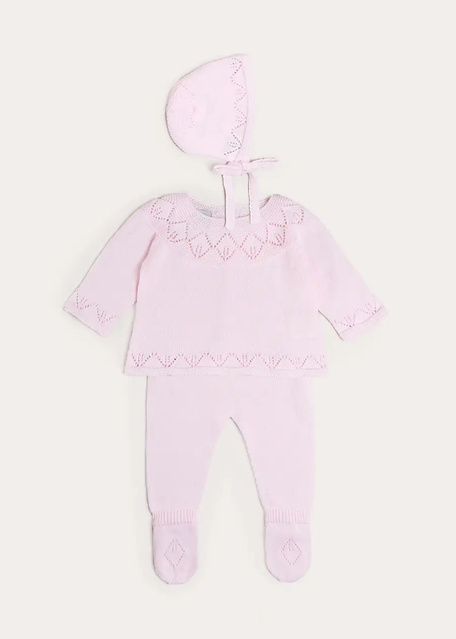 Diamond Openwork Three Piece Knitted Set in Baby Pink (1-9mths) Knitwear from Pepa London US