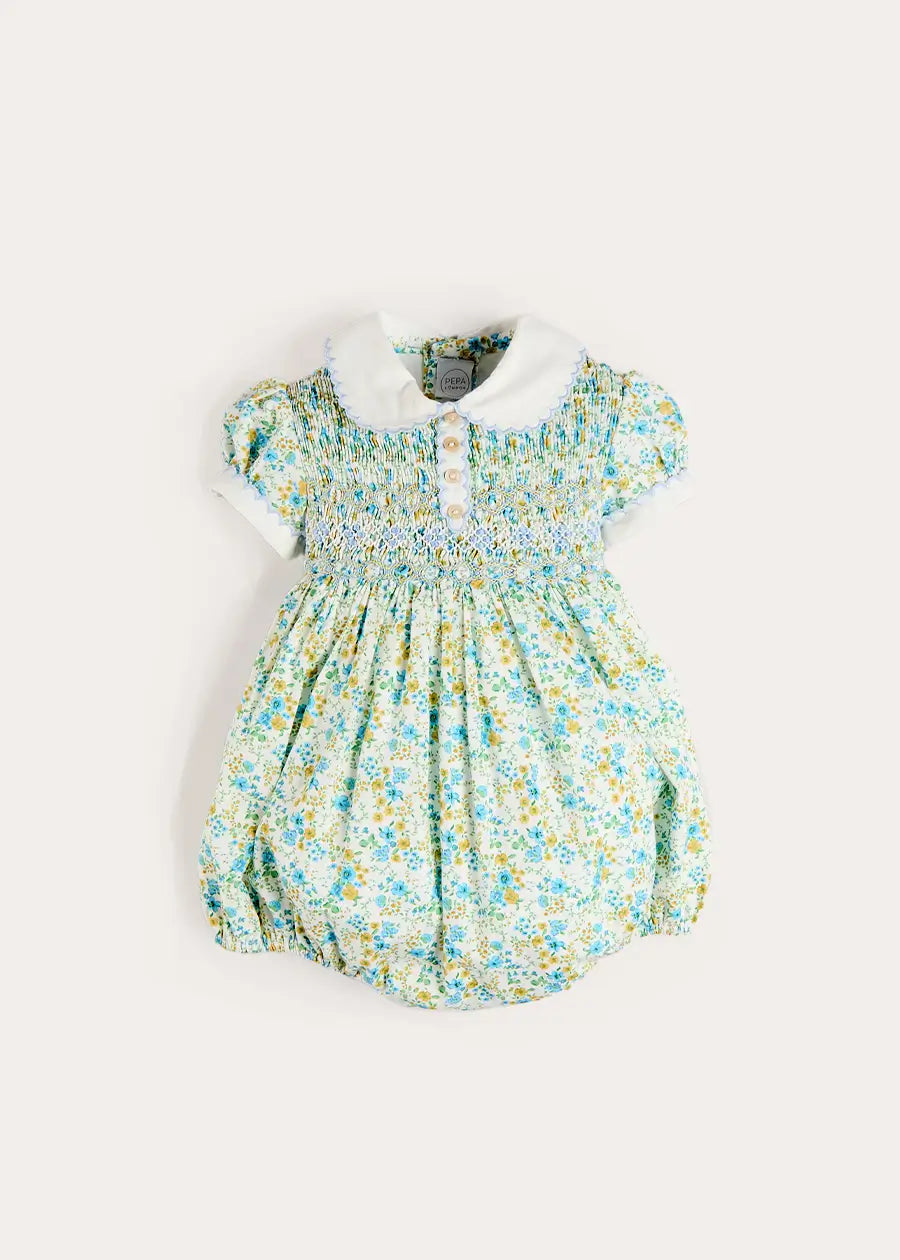 Louisa Floral Hand Smocked Short Sleeve Romper in Blue (3mths-2yrs) Rompers from Pepa London