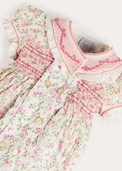 Alice Floral Double Breasted Hand Smocked Romper in Pink (6mths-2yrs) Rompers from Pepa London US