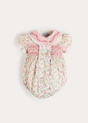 Alice Floral Double Breasted Hand Smocked Romper in Pink (6mths-2yrs) Rompers from Pepa London US