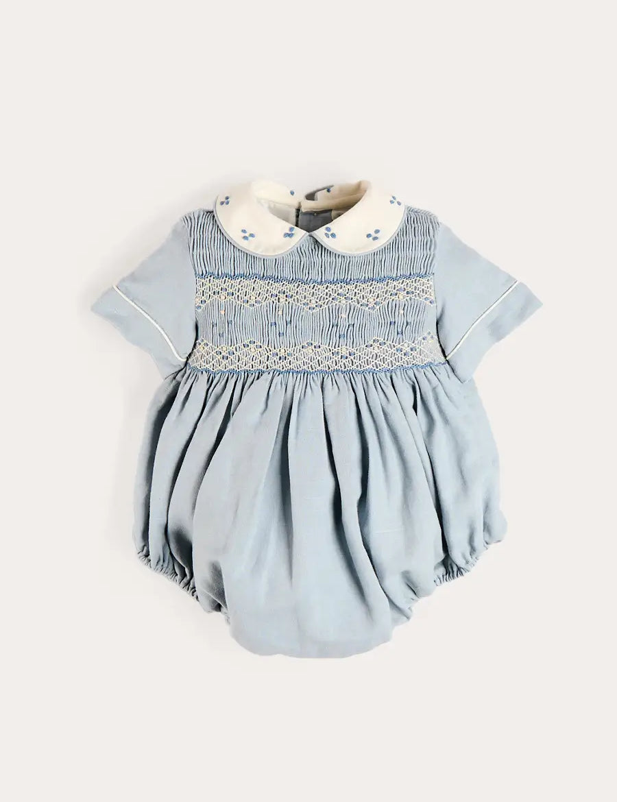 Hand Smocked Peter Pan Collar Short Sleeve Romper in Sky Blue (3mths-2yrs) Rompers from Pepa London US