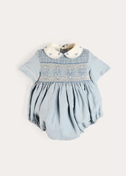 Hand Smocked Peter Pan Collar Short Sleeve Romper in Sky Blue (3mths-2yrs) Rompers from Pepa London US