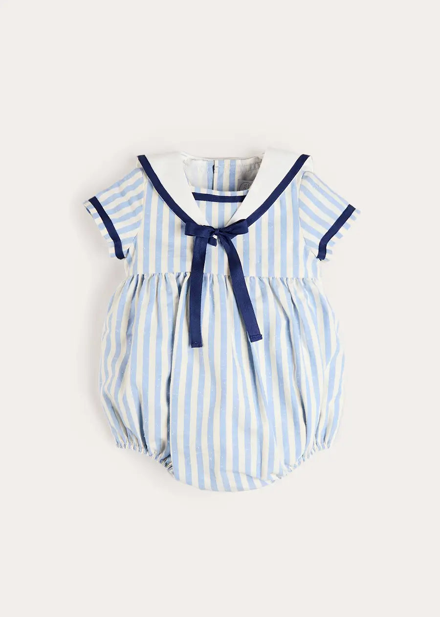 Regency Stripe Mariner Collar Bow Detail Romper in Blue (6mths-2yrs) ROMPERS from Pepa London US