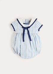 Regency Stripe Mariner Collar Bow Detail Romper in Blue (6mths-2yrs) ROMPERS from Pepa London US