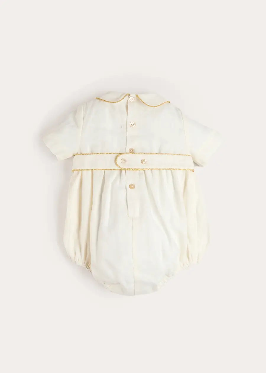 Hand Smocked Gold Embroidered Short Sleeve Romper in Ivory (3mths-2yrs) ROMPERS from Pepa London US
