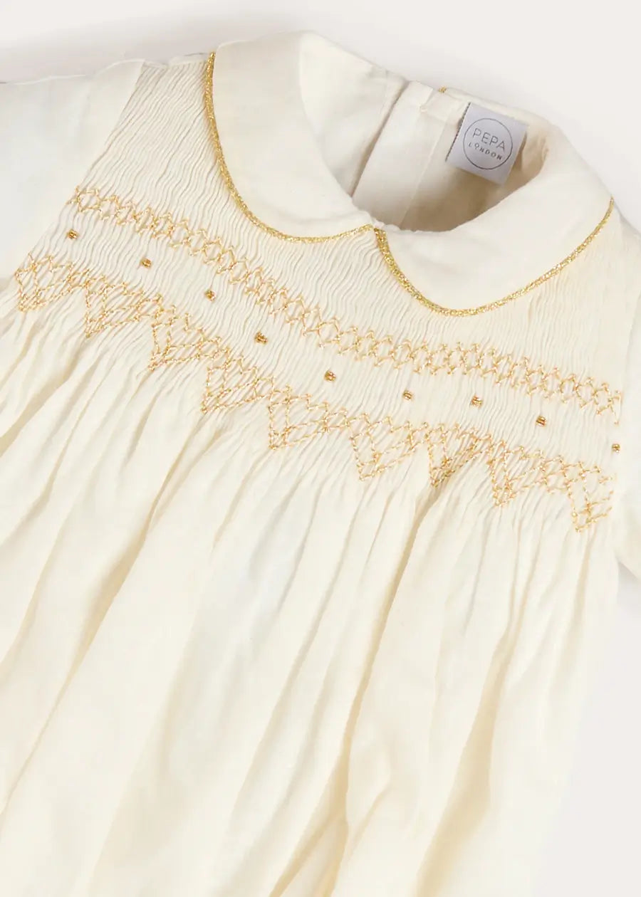 Hand Smocked Gold Embroidered Short Sleeve Romper in Ivory (3mths-2yrs) ROMPERS from Pepa London US