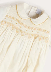 Hand Smocked Gold Embroidered Short Sleeve Romper in Ivory (3mths-2yrs) ROMPERS from Pepa London US