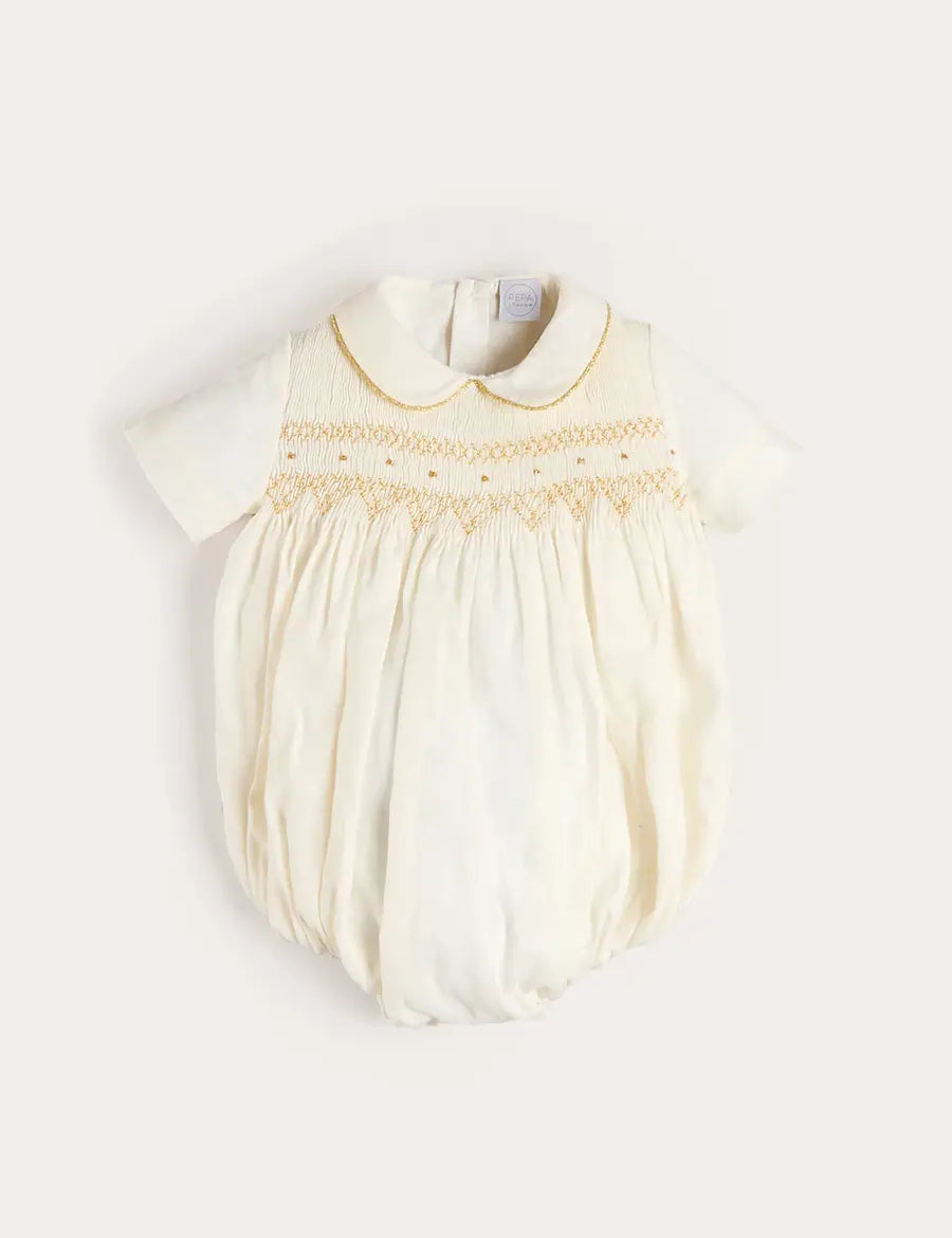 Hand Smocked Gold Embroidered Short Sleeve Romper in Ivory (3mths-2yrs) ROMPERS from Pepa London US