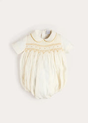 Hand Smocked Gold Embroidered Short Sleeve Romper in Ivory (3mths-2yrs) ROMPERS from Pepa London US