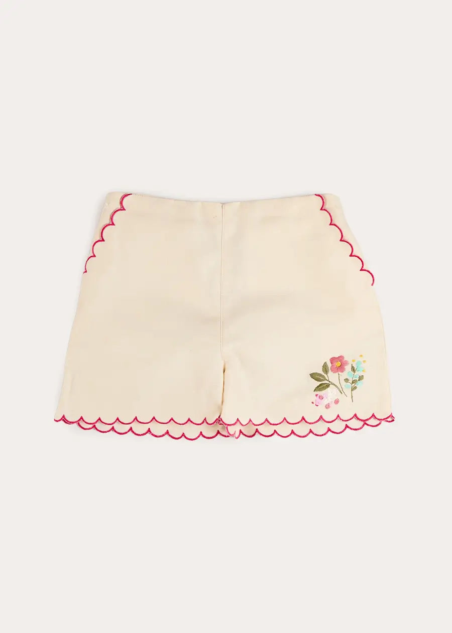 Wildflower Embroidered Scallop Edge Shorts in Cream (4-12yrs) SHORTS from Pepa London US