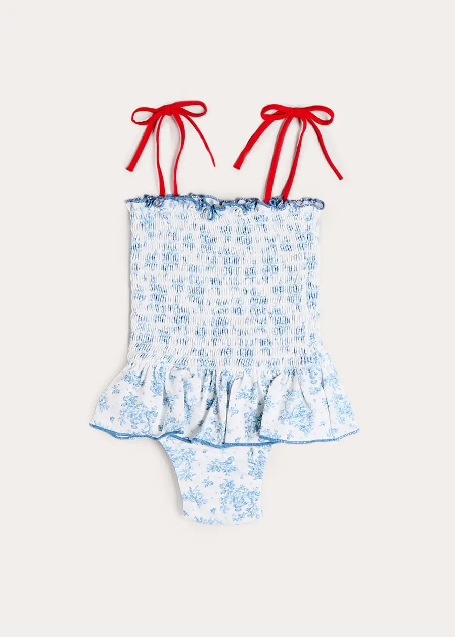 Audrey Toile Smocked Detail Swimsuit in Blue (12mths- 10yrs) SWIMWEAR from Pepa London US