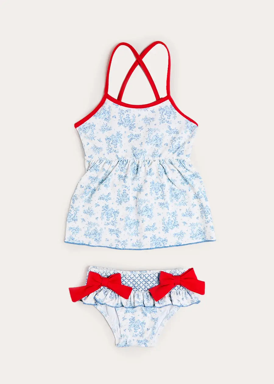 Audrey Toile Bow Detail Smocked Two Piece Swimsuit in Blue (12mths- 10yrs) SWIMWEAR from Pepa London US