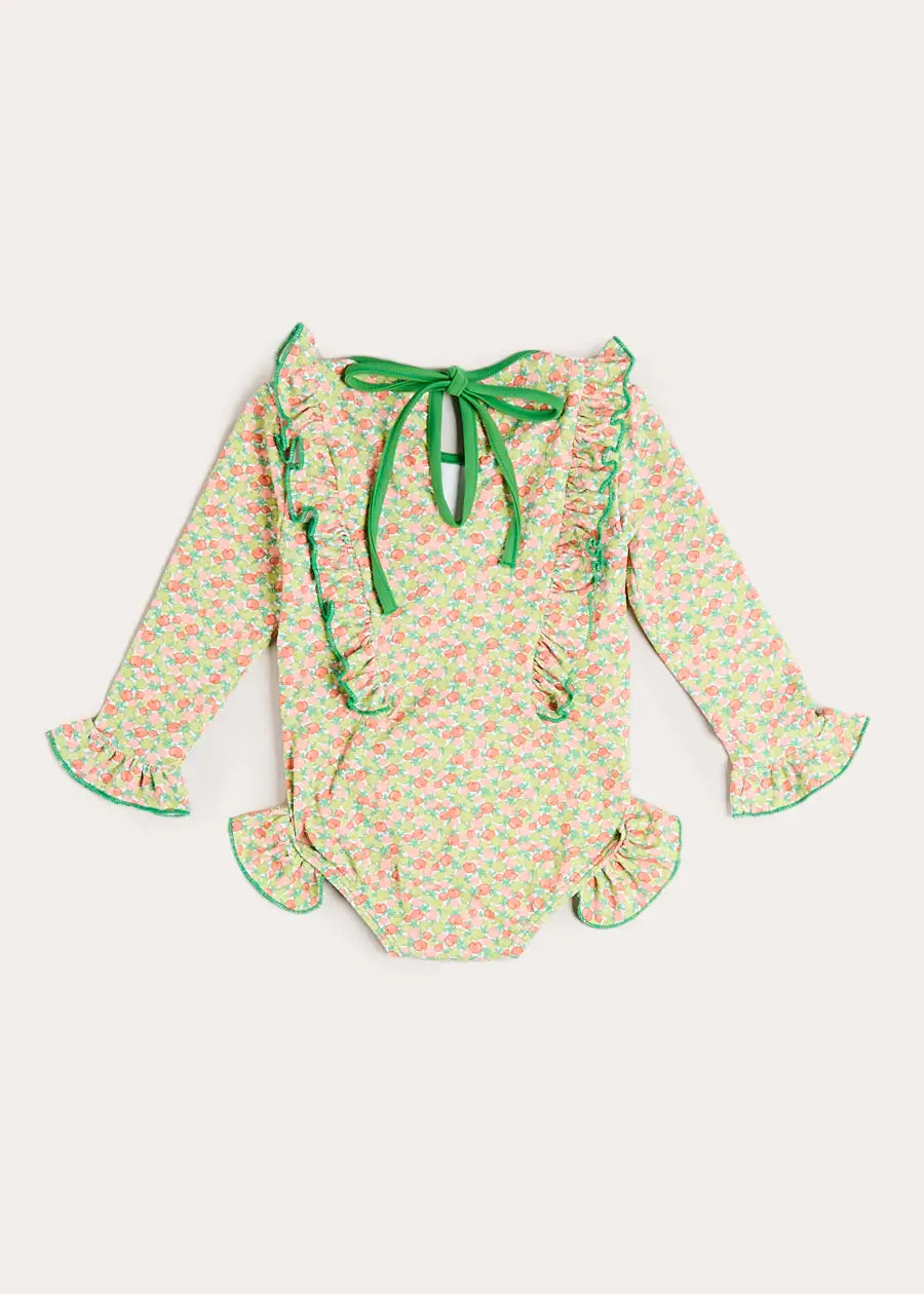 Annie Apple Print Ruffle Detail Long Sleeve Swimsuit in Green (12mths- 10yrs) Swimwear from Pepa London