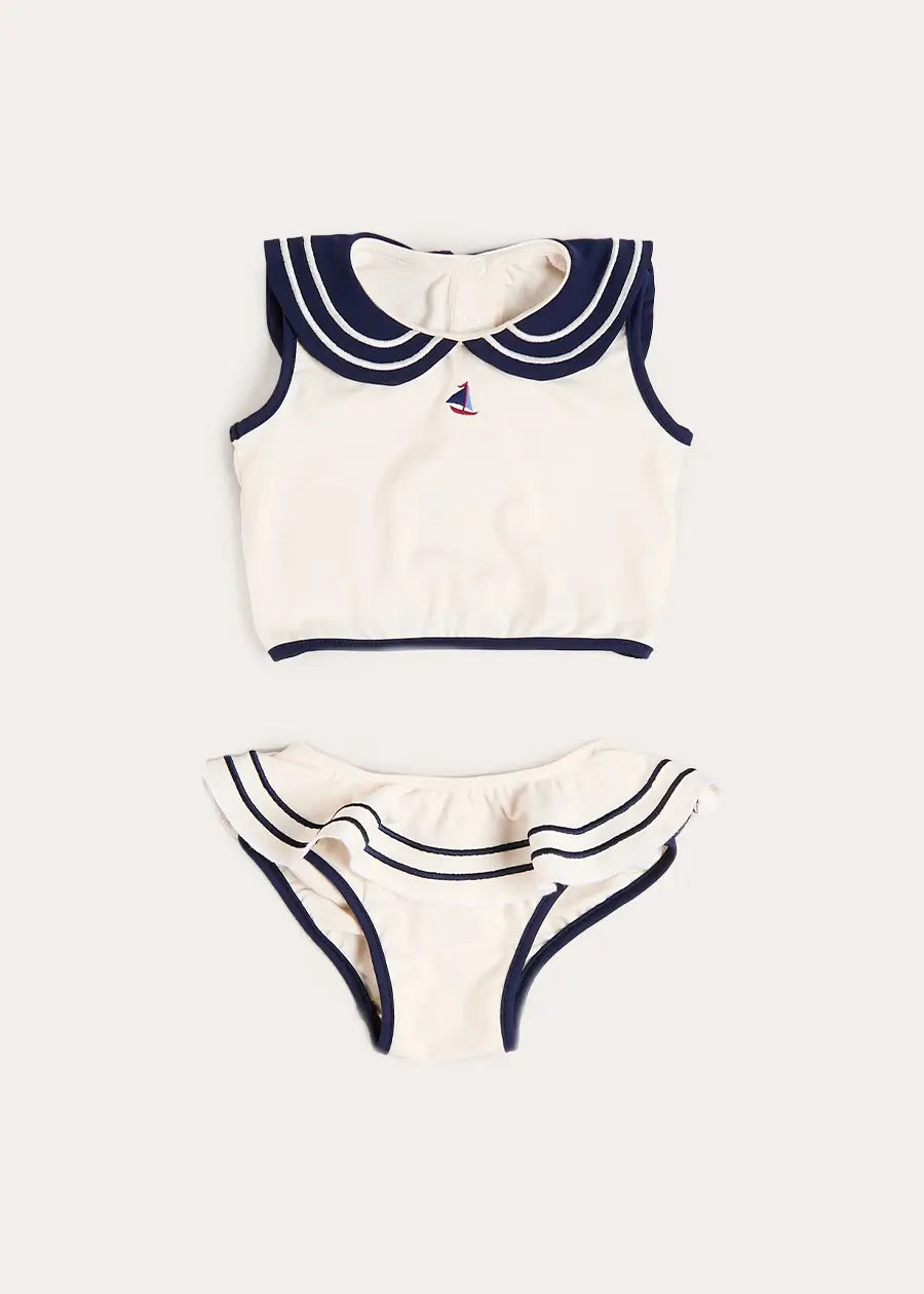 Mariner Collar Embroidered Boat Motif Two Piece Swimsuit in White (12mths- 10yrs) Swimwear from Pepa London US