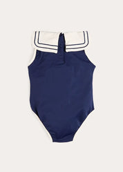 Mariner Collar Embroidered Boat Motif Swimsuit in Navy (12mths-10yrs) Swimwear from Pepa London US