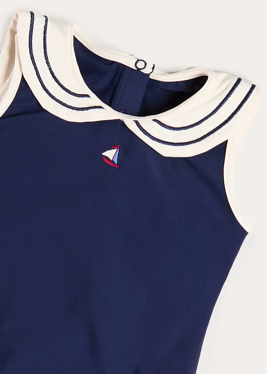 Mariner Collar Embroidered Boat Motif Swimsuit in Navy (12mths-10yrs) Swimwear from Pepa London US