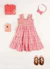 Check Smocked Strappy Dress in Coral (2-10yrs) Dresses  from Pepa London US