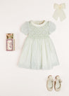 Constance Floral Print Handsmocked Short Sleeve Party Dress in Light Green (2-6yrs) Dresses  from Pepa London US