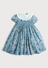 Botanical Print Hand Smocked Dress in French Blue (12mths-10yrs) Dresses  from Pepa London US