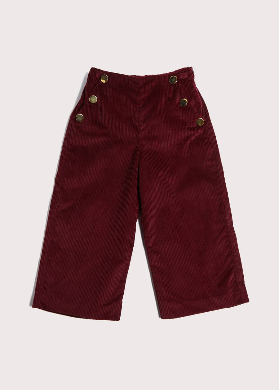 Corduroy Wide Leg Gold Button Trousers in Burgundy (4-12yrs) Trousers from Pepa London