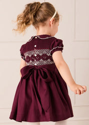 Hand Smocked Peter Pan Collar Short Sleeve Dress in Burgundy (12mths-10yrs) Dresses from Pepa London US
