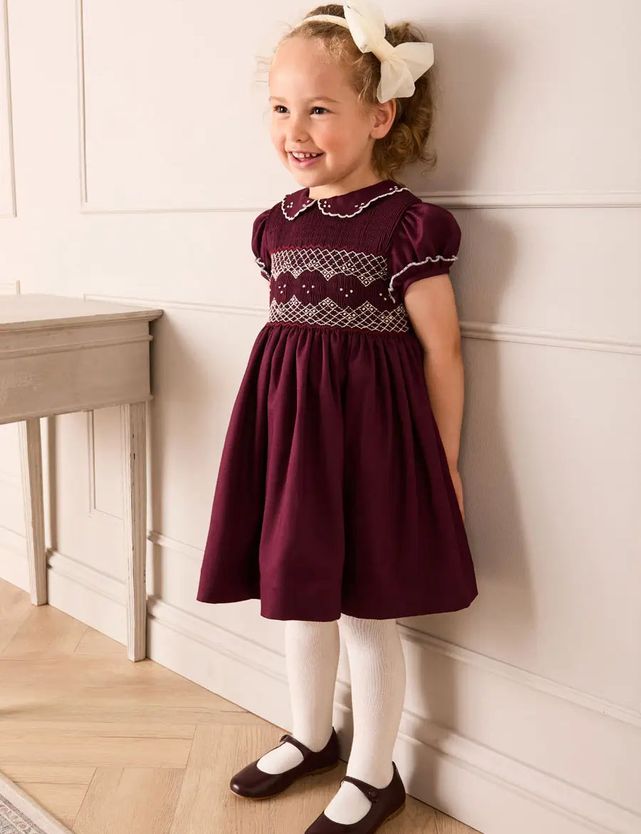 Hand Smocked Peter Pan Collar Short Sleeve Dress in Burgundy (12mths-10yrs) Dresses from Pepa London US