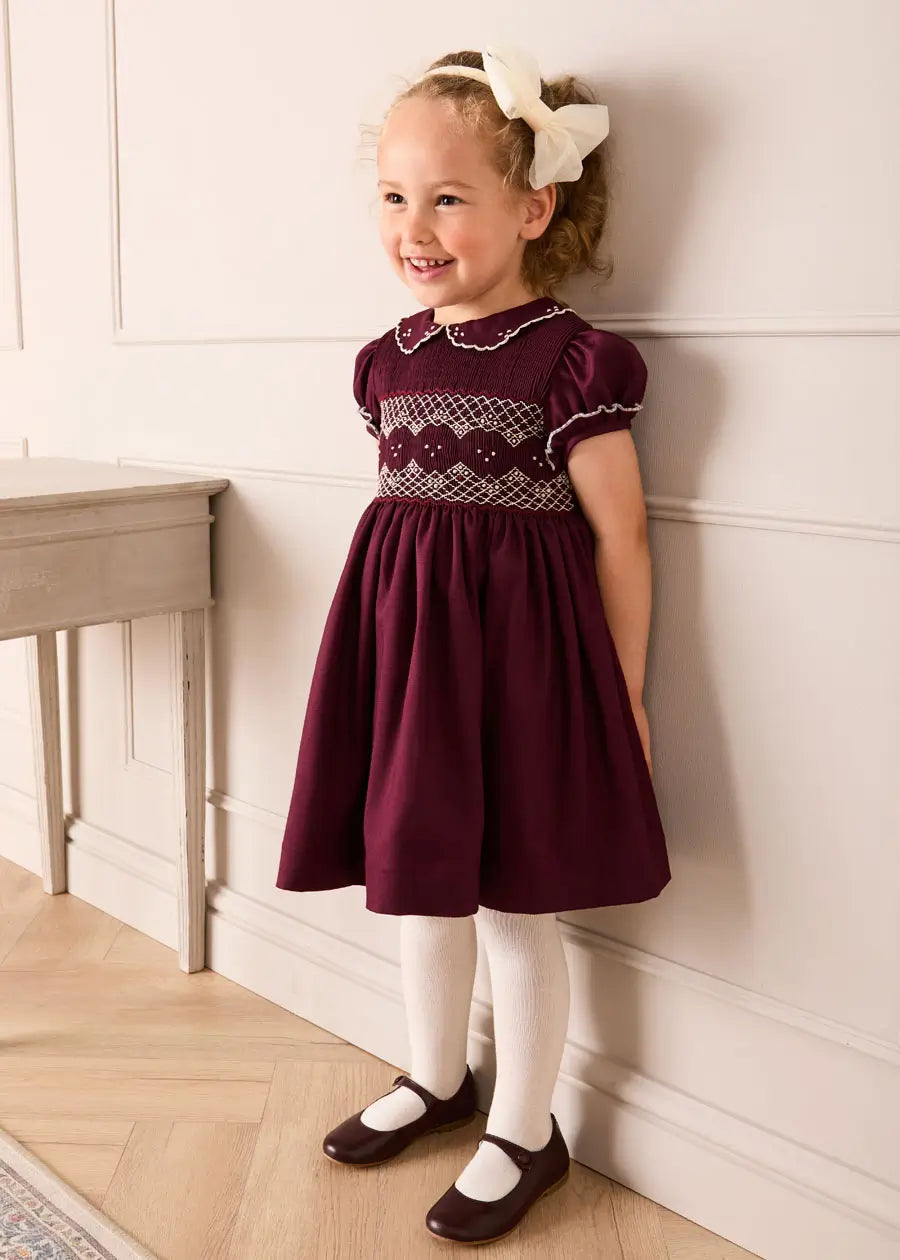Hand Smocked Peter Pan Collar Short Sleeve Dress in Burgundy (12mths-10yrs) Dresses from Pepa London US