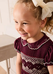 Hand Smocked Peter Pan Collar Short Sleeve Dress in Burgundy (12mths-10yrs) Dresses from Pepa London US