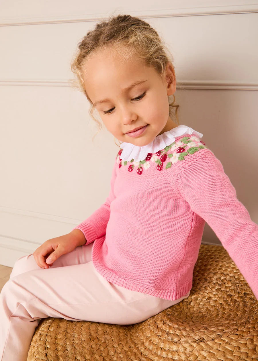 Strawberry Embroidered Jumper in Pink (12mths-6yrs) Knitwear from Pepa London US